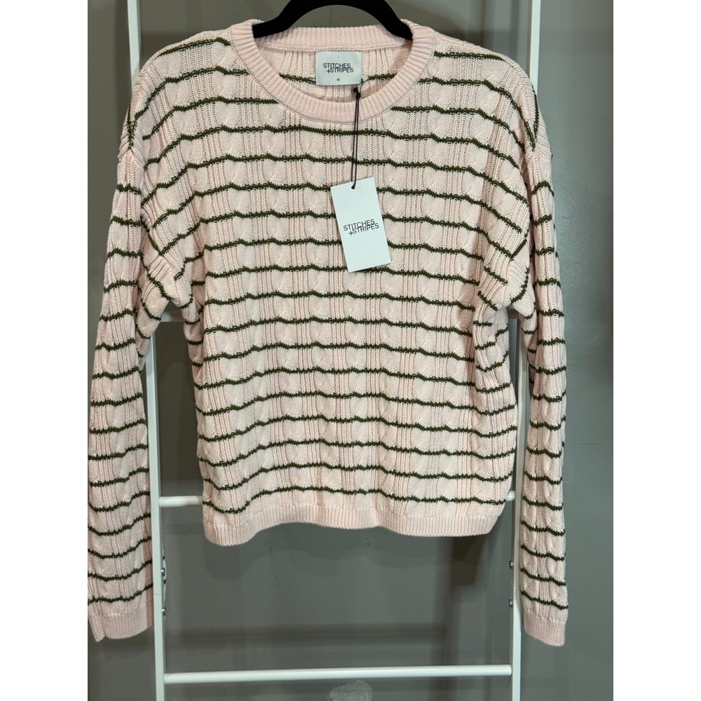 Stitches & Stripes Womens‎ Pink Green Striped Cable Knit Cotton Sweater M Preppy
